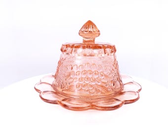 Vintage Butter Dish - Harvest Grape Pattern - Pink Depression Glass 1930s Covered Dish