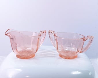 Vintage Pink Depression Glass Creamer and Sugar Set - Etched Floral Design with Starburst Base