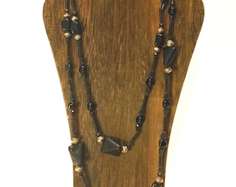 Vintage black onyx and mixed geometric glass long beaded necklace | Mid-century, Art Deco Revival