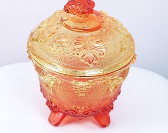 Vintage Jeanette Amberina Glass 'Harvest Grape' Footed Candy Dish with Lid | Pressed Glass