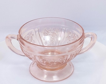 Vintage Sharon Pink | Cabbage Rose |  Depression Glass Cream Soup Bowl with Handles and Pedestal