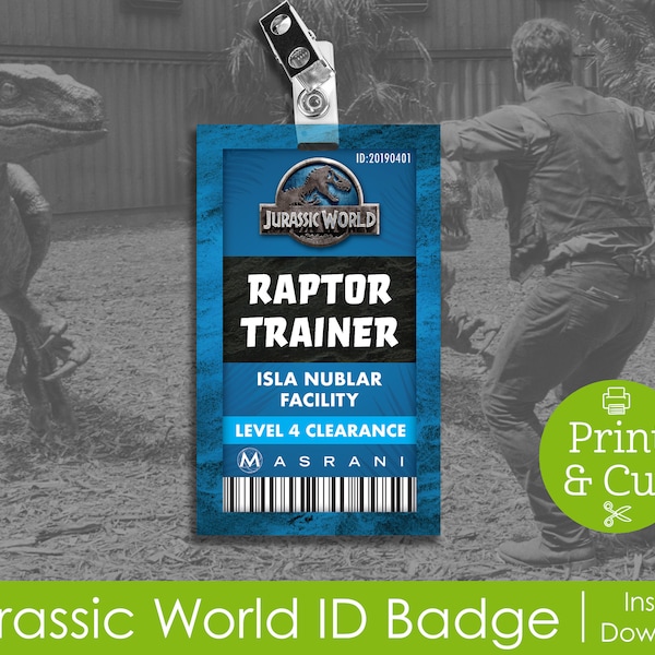 ID Badge, Halloween Costume, Digital Download, Jurassic Cosplay, Raptor Trainer, Dinosaur, Jurassic World Inspired ID Badge