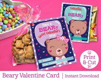 Beary Valentine Card, INSTANT EDITABLE DOWNLOAD, Bear Valentine, Class Valentine, Gummy Bear Valentine, Teddy Bear Valentine, Kids Valentine
