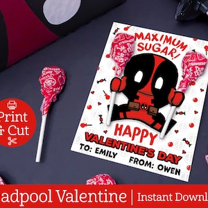 Deadpool inspiriert Valentinstag, SOFORTIGER EDITIERBARER DOWNLOAD, Lollipop-Halter, Valentinstagskarte, Klassenzimmer-Tauschkarte, Valentinstag-Süßigkeit