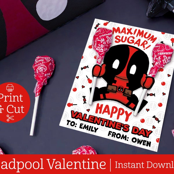 Deadpool Inspired Valentine, INSTANT EDITABLE DOWNLOAD, Lollipop Holder, Valentine Day Card, Classroom Exchange Card, Valentine Candy