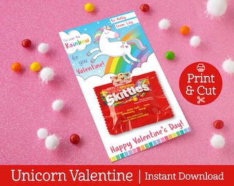 Rainbow Unicorn Valentines, INSTANT EDITABLE DOWNLOAD, Unicorn, Valentine's Day, Classroom Exchange Cards, Valentine Candy Card, Rainbow Tag