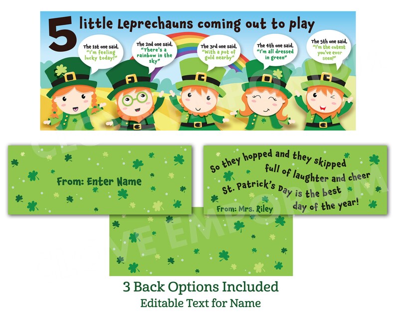 5 Little Leprechauns Bag Topper, INSTANT EDITABLE DOWNLOAD, St Patricks Day, St Patricks Classroom Favors, St Patricks day Bag Topper, Irish afbeelding 3