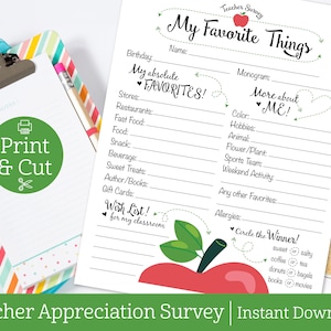 Teacher Survey, DIGITAL DOWNLOAD, Teacher's Favorite Things Questionnaire, Teacher Appreciation Week, Teacher Gifts, Teacher Favorites