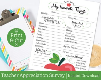 Teacher Survey, DIGITAL DOWNLOAD, Teacher's Favorite Things Questionnaire, Teacher Appreciation Week, Teacher Gifts, Teacher Favorites