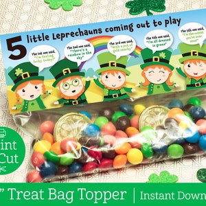 5 Little Leprechauns Bag Topper, INSTANT EDITABLE DOWNLOAD, St Patricks Day, St Patricks Classroom Favors, St Patricks day Bag Topper, Irish afbeelding 1