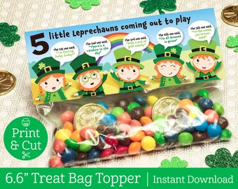 5 Little Leprechauns Bag Topper, INSTANT EDITABLE DOWNLOAD, St Patricks Day, St Patricks Classroom Favors, St Patricks day Bag Topper, Irish