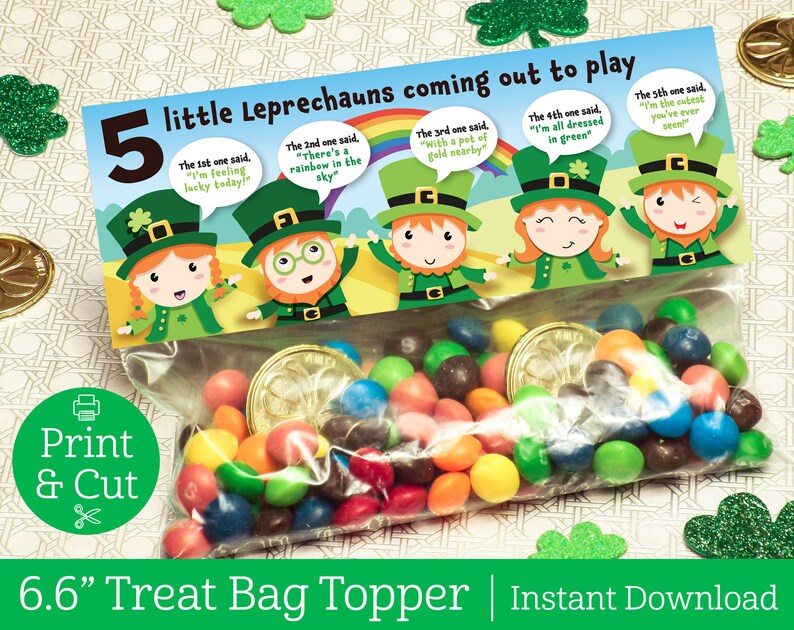 5 Little Leprechauns Bag Topper, INSTANT EDITABLE DOWNLOAD, St Patricks Day, St Patricks Classroom Favors, St Patricks day Bag Topper, Irish afbeelding 1