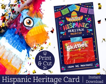 May include: A printable card with a blue background and colorful decorations. The card says "Happy Hispanic Heritage Month!" and has a small bag of Skittles attached to it. The card also says "From: Ms. Montanez".