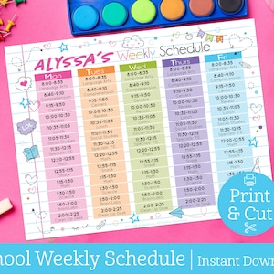 May include: A printable weekly schedule for a student named Alyssa. The schedule is divided into days of the week, with each day broken down into time slots for different activities, such as language arts, comprehension, centres, recess, lunch, social studies, specials, maths, snack, science, brain labs, and clean up desk. The schedule is decorated with hearts, stars, and other cute illustrations.