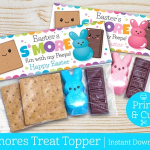May include: Printable Easter S'mores treat topper with a colorful design featuring a graham cracker, chocolate bar, and a blue and pink Peep. The text reads "Easter's S'more fun with my Peeps! Happy Easter".