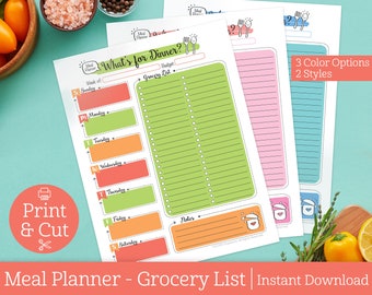 Printable Weekly Meal Planner, DIGITAL DOWNLOAD, Whats For Dinner, Grocery List, Family Menu Planner, Food Journal, School Lunch Planner