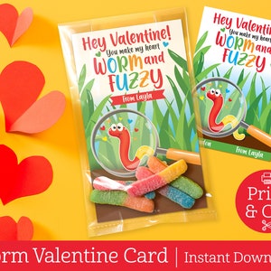 Worm Valentine Cards, DIGITAL EDITABLE DOWNLOAD, Gummy Worm Valentines, Class Valentine, Diy Valentine, Kids Valentine Card, Worm and Fuzzy