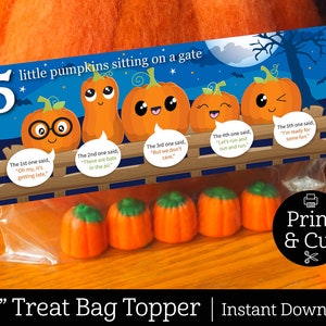 5 Little Pumpkins Bag Topper, DIGITAL EDITABLE DOWNLOAD, Halloween Treat Bag, Gift Bag, Classroom Party Favors,Halloween Printable, Pumpkins image 1