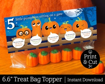 5 Little Pumpkins Bag Topper, DIGITAL EDITABLE DOWNLOAD, Halloween Treat Bag, Gift Bag, Classroom Party Favors,Halloween Printable, Pumpkins