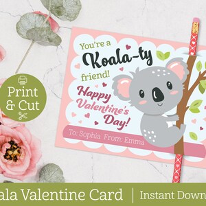Tarjetas del Día de San Valentín Koala, DESCARGA EDITABLE INSTANTÁNEA, San Valentín de Intercambio en el Aula, Niños Animales, Oso Koala, Lápiz, San Valentín sin Caramelos