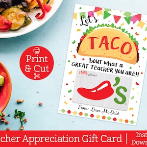 Titolare della carta regalo Taco, DOWNLOAD MODIFICABILE IMMEDIATO, Let&#39;s Taco &#39;Bout, Regalo di apprezzamento per l&#39;insegnante, Regalo per l&#39;insegnante, Biglietto di ringraziamento, Insegnante straordinario