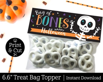 Skeleton Treat Bag Topper, Bag Of Bones Bag Topper, DIGITAL EDITABLE DOWNLOAD, Skeleton Bones, Halloween Treat, Halloween Party Favor