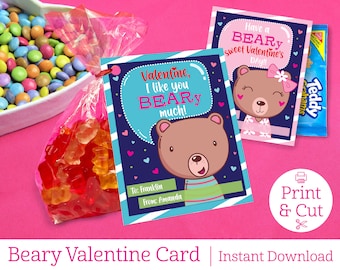 Beary Valentine Card, INSTANT EDITABLE DOWNLOAD, Bear Valentine, Class Valentine, Gummy Bear Valentine, Teddy Bear Valentine, Kids Valentine