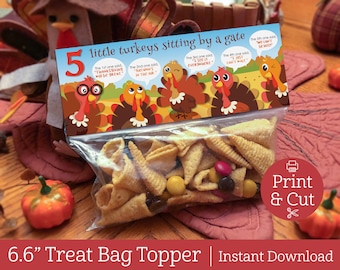 Thanksgiving Printable, INSTANT DIGITAL DOWNLOAD,  5 Little Turkeys Bag Topper, Thanksgiving Treat Bag, Classroom Party Favors, Turkey