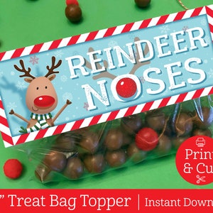 Reindeer Noses Bag Topper, INSTANT EDITABLE DOWNLOAD, Holiday Treat Bag, Reindeer Treat Favors, Classroom Party Favors, Christmas Printable