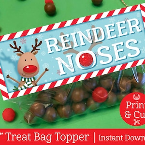 Reindeer Noses Bag Topper, INSTANT EDITABLE DOWNLOAD, Holiday Treat Bag, Reindeer Treat Favors, Classroom Party Favors, Christmas Printable