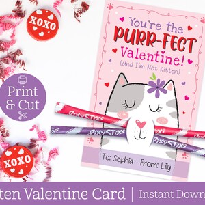 Może przedstawiać: Drukowana kartka walentynkowa z kreskówkowym kotem i tekstem "You're the purr-fect Valentine! (And I'm Not Kitten)". Kartka jest różowa z białymi sercami i szaro-białym kotem z fioletowym kwiatem na głowie. Kartka ma miejsce na imię odbiorcy i imię nadawcy.