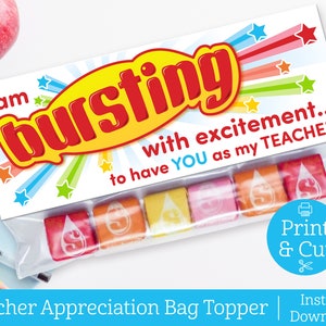 Bursting With Excitement Bag Topper, DIGITAL EDITABLE DOWNLOAD, Teacher Appreciation, Teacher Gift, Thank You Card, Teacher, Starburst