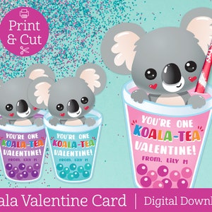 Koala Valentine Day Card, Digital Editable Download, Boba Tea Valentine, Koala-Tea, Classroom Exchange Valentine, Kid Valentine, Candy Card
