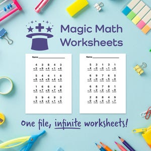 May include: Two white worksheets with math problems are displayed, with the text "Magic Math Worksheets" above. The worksheets have addition and subtraction problems. The phrase "one file, infinite worksheets!" is written below.