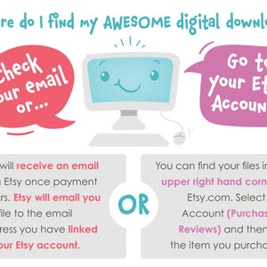 May include: A pink and blue illustration with a cartoon computer and speech bubbles. The text in the speech bubbles says "Check your email or..." and "Go to your Etsy Account". The text below the illustration explains how to find a digital download on Etsy.