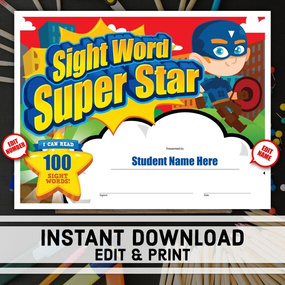 sight word super star certificate instant download printable award editable certificate template school certificates student award student certificate templates for word