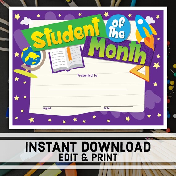 items similar to student of the month certificate instant student of the month certificate