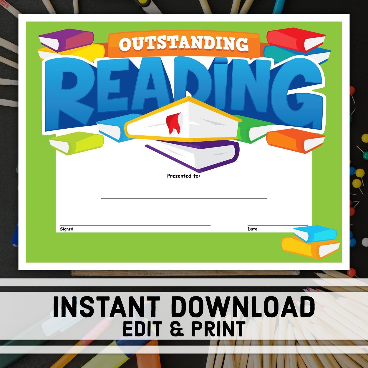 Outstanding Reading Certificate Instant Download Printable Etsy