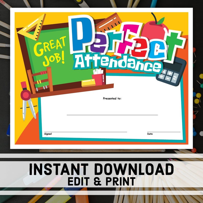 Perfect Attendance Certificate Instant Download Printable Etsy