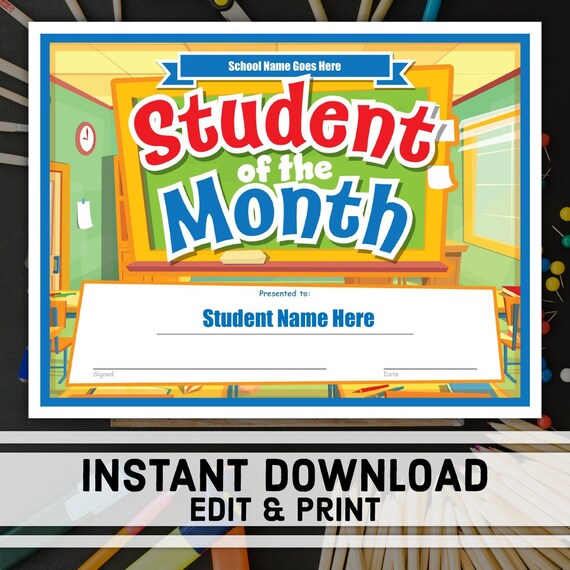 student of the month certificate instant download printable award editable certificate templates school certificates student award student of the month certificate