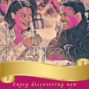 May include: An illustrated card with the text "Getting to Know Each Other" in a gold banner. The image shows a smiling couple at a table. The bottom of the card reads: "Enjoy discovering new commonalities, goals, and dreams as you get to learn more about each other."