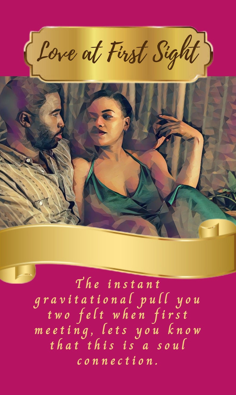 May include: Digital artwork with the text "Love at First Sight." The image shows a man and woman, with a gold banner at the top and a pink background. The text below describes a soul connection, focusing on the instant pull felt.