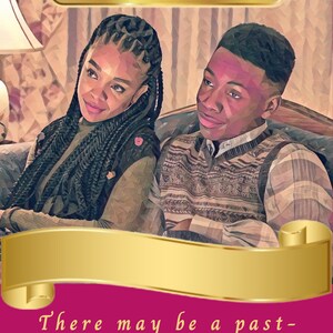 May include: A tarot card featuring the words "Past-Life" in a gold banner. The image depicts a woman with braided hair and a man in a sweater vest. The card's text reads: "There may be a past-life connection or unfinished business with this person."