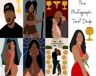 May include: A tarot deck featuring stylized illustrations of people and symbols. The deck includes images of couples, a key, and a house, with the title "The Photograph Tarot Deck" displayed in elegant script. The color palette includes shades of brown, red, and gold.