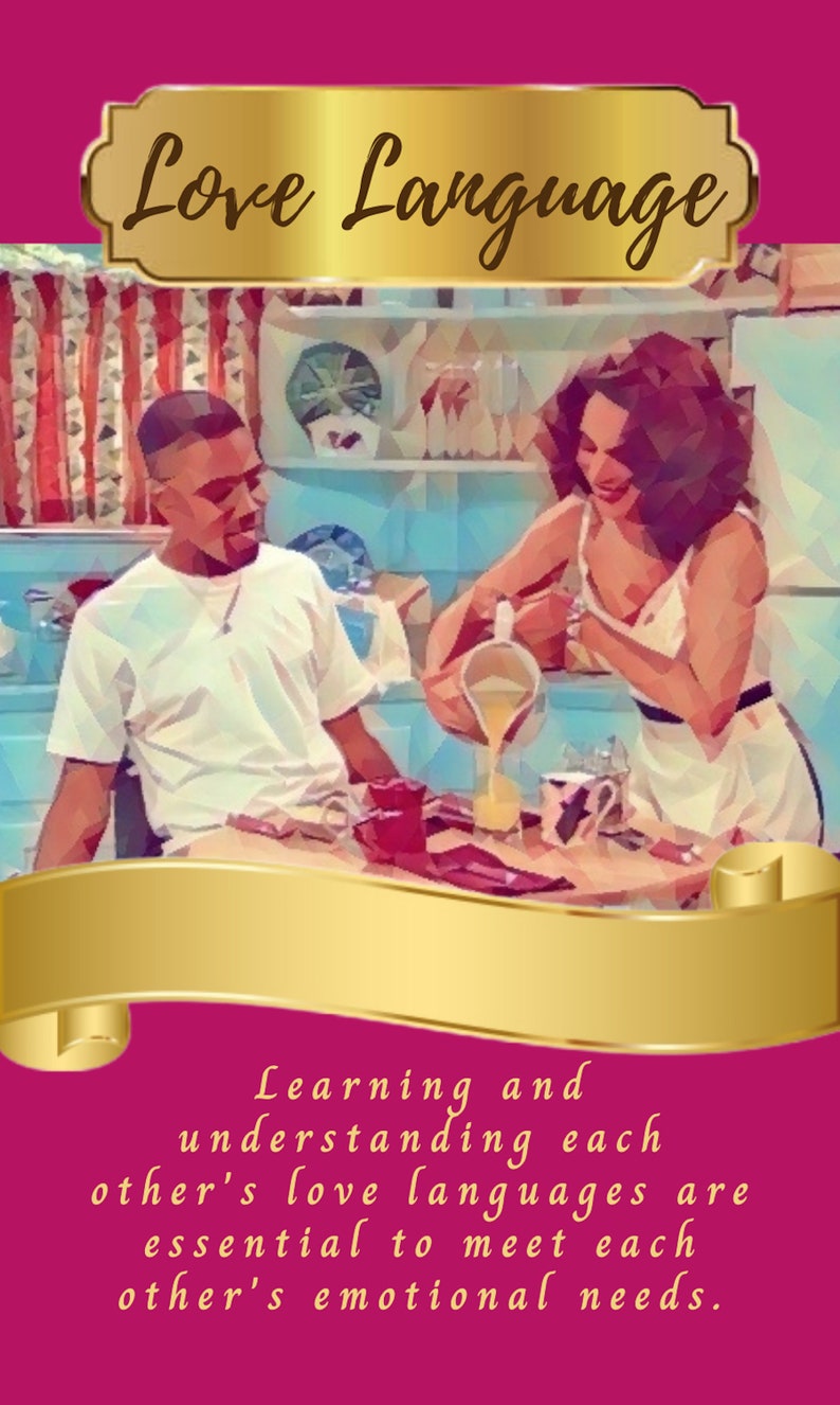 May include: An image with the text "Love Language" in a gold banner. The image depicts a couple in a kitchen setting, with one person pouring a drink. The bottom of the image has text that reads "Learning and understanding each other's love languages are essential to meet each other's emotional needs."