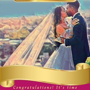 May include: An artistic image of a couple kissing, with a mountain range in the background. The words "Divine Union" are displayed in elegant script. The image also includes text that reads "Congratulations! It's time to celebrate!"
