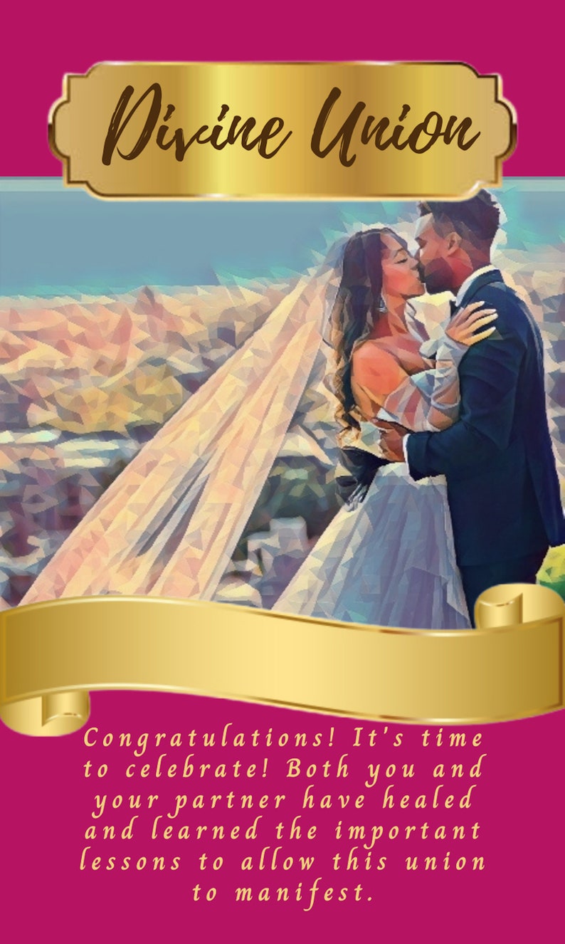 May include: An artistic image of a couple kissing, with a mountain range in the background. The words "Divine Union" are displayed in elegant script. The image also includes text that reads "Congratulations! It's time to celebrate!"