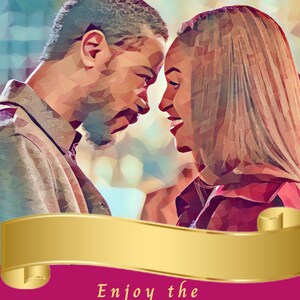 May include: An artistic image shows a man and woman in profile, facing each other. The word "Butterflies" is in a gold banner at the top. The bottom banner reads "Enjoy the overwhelming excitement and bliss of new or old love."