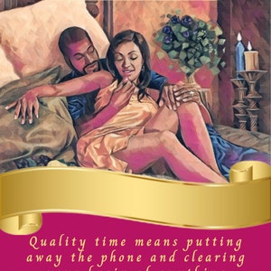 May include: An illustration shows a couple in bed, embracing. The image features a gold banner with the words "Quality Time" and a message about focusing on your partner. The background is a deep pink.