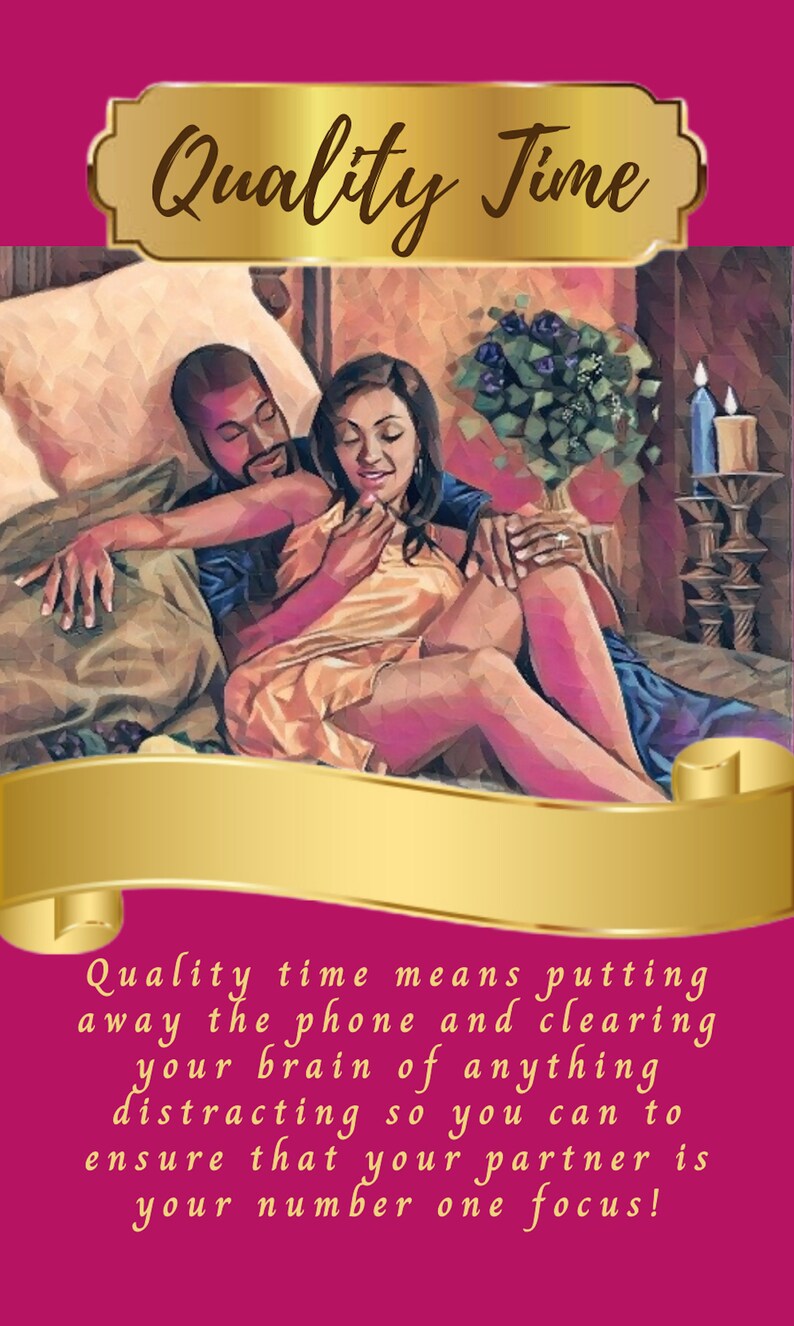 May include: An illustration shows a couple in bed, embracing. The image features a gold banner with the words "Quality Time" and a message about focusing on your partner. The background is a deep pink.